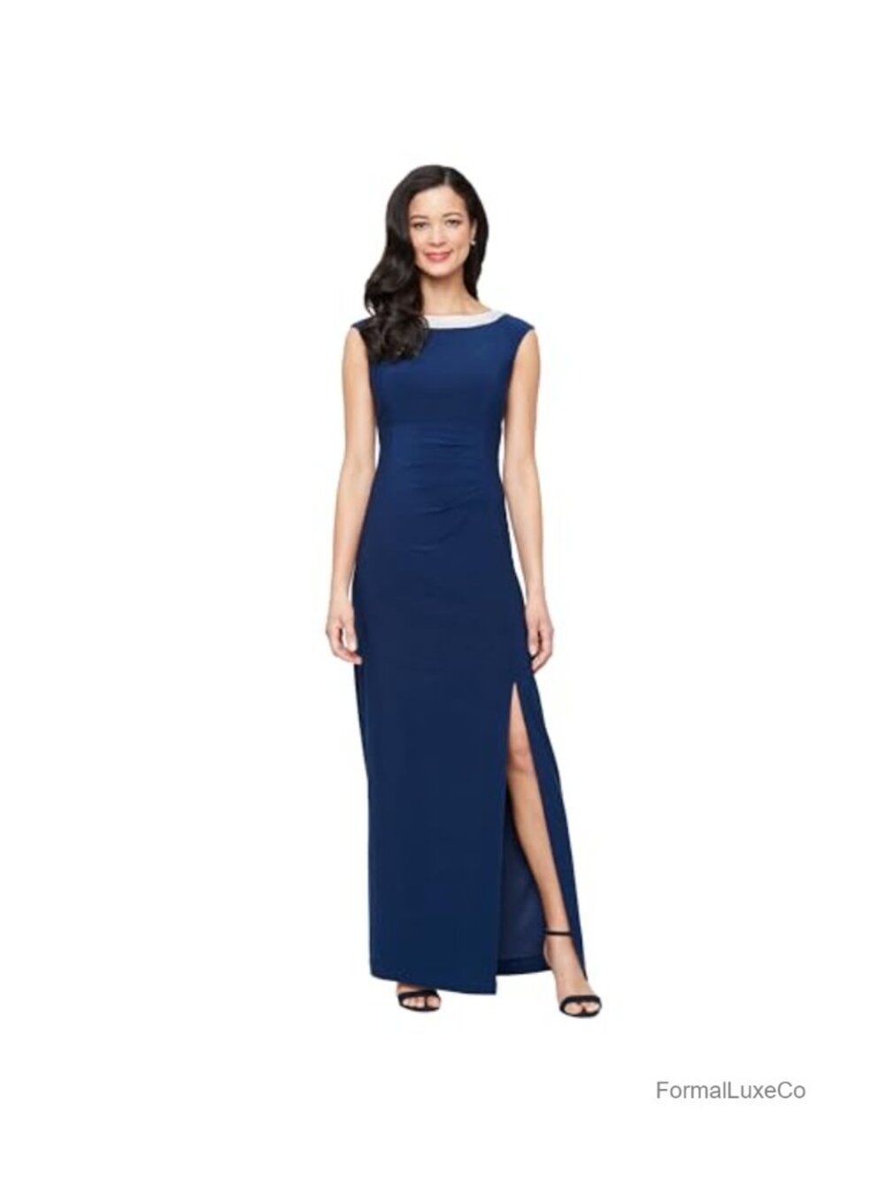 Long Jersey Sheath Dress with Embellished Neckline and Front Slit